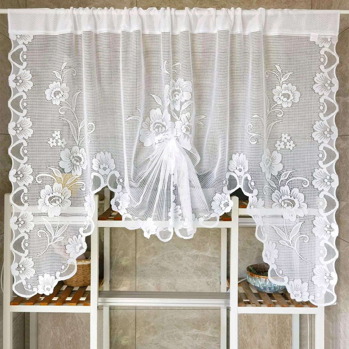 1 Panel White Floral Embroidery Sheer Lace Curtain Valance Princess Style Embroidered Waterfall Swag Curtain Valance Tier for Kitchen Bathroom Half Window Decoration, Rod Pocket Top
