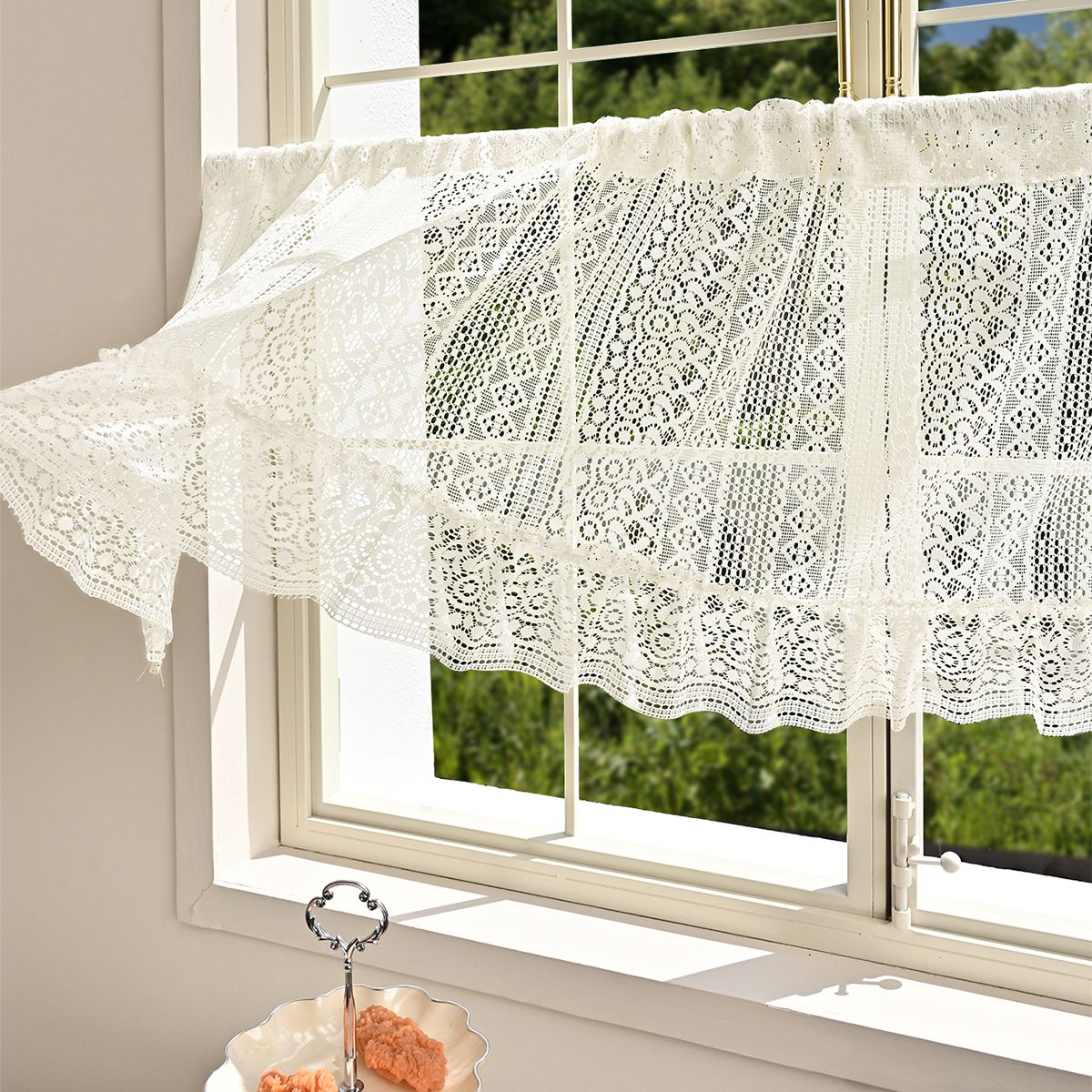 Rustic Crochet Curtain Valance for Kitchen Bathroom Farmhouse Lace Curtain Tiers for Coffee Decor Room Divider Rod Pocket Hollow Out Short Curtains for Closet Doorway 1 Panel W59 X L17.7 Inch