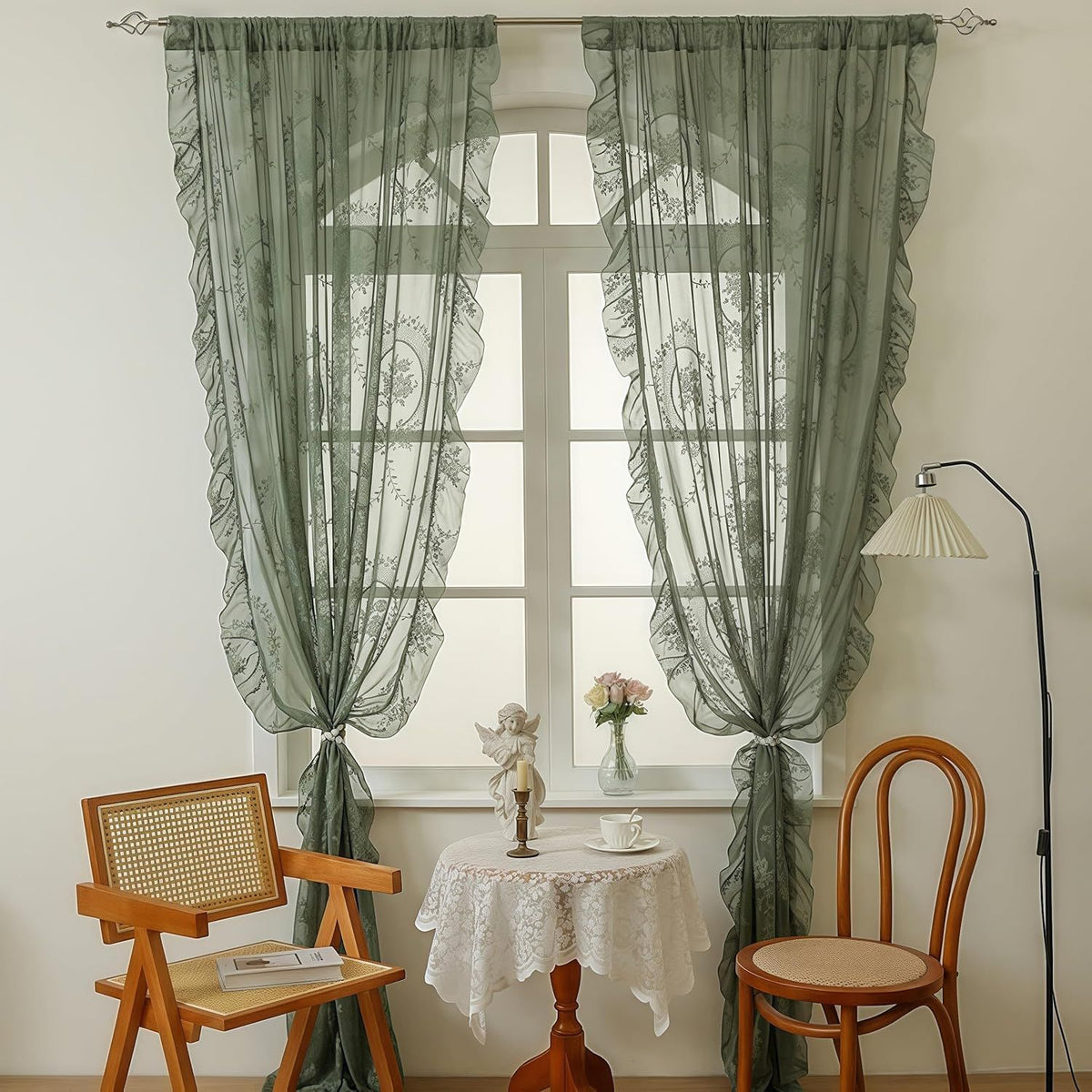 Green Lace Curtain Ruffles Sheer Curtain for Girls Bedroom Rod Pocket Voile Drapes Light Filtering Tulle for Dining Living Room, 2 Panels 140*100cm