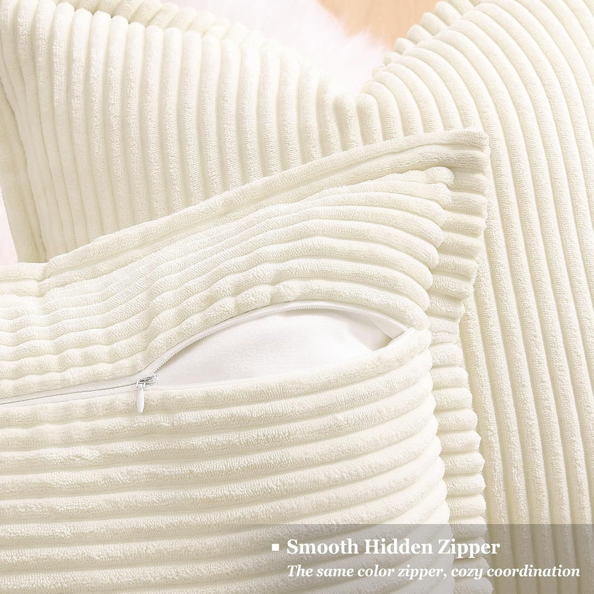 Christmas Corduroy Cream White Throw Pillow Covers 18x18 Set of 2 Decorative Soft Boho Farmhouse Euro Couch Pillow Covers for Living Room Bed Sofa Broadside Striped Pillow Cases