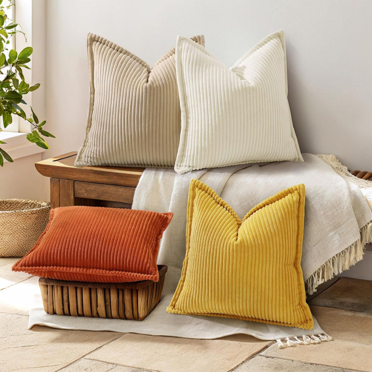 Christmas Corduroy Cream White Throw Pillow Covers 18x18 Set of 2 Decorative Soft Boho Farmhouse Euro Couch Pillow Covers for Living Room Bed Sofa Broadside Striped Pillow Cases