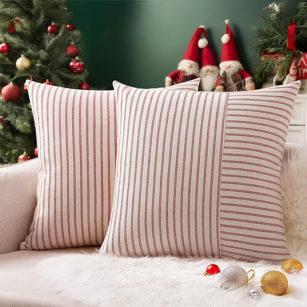 Christmas Pillow Covers 18x18, Boho Throw Pillow Covers Set of 2, Red and Cream Striped Linen Decorative Pillows Cushion Covers for Couch Bedroom Christmas Decorations
