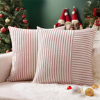 Christmas Pillow Covers 18x18, Boho Throw Pillow Covers Set of 2, Red and Cream Striped Linen Decorative Pillows Cushion Covers for Couch Bedroom Christmas Decorations