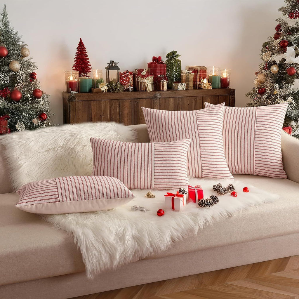 Christmas Pillow Covers 18x18, Boho Throw Pillow Covers Set of 2, Red and Cream Striped Linen Decorative Pillows Cushion Covers for Couch Bedroom Christmas Decorations
