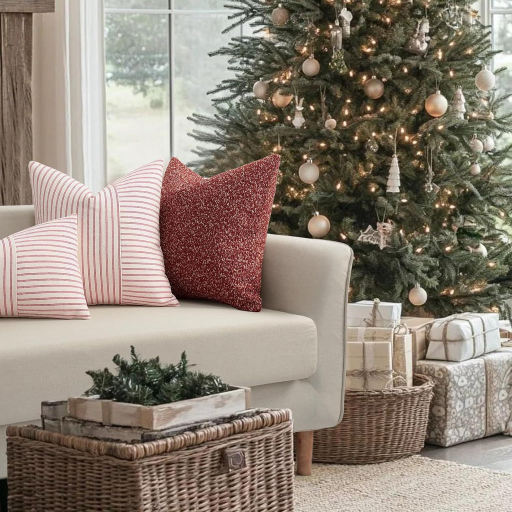 Christmas Pillow Covers 18x18, Boho Throw Pillow Covers Set of 2, Red and Cream Striped Linen Decorative Pillows Cushion Covers for Couch Bedroom Christmas Decorations