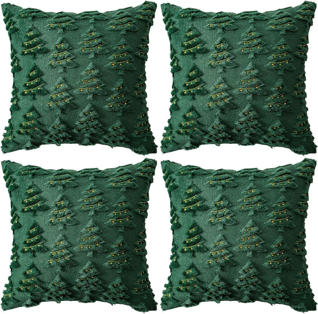4 Pcs Christmas Throw Pillow Covers 18x18, Soft Faux Fur Pillow Cases Holiday Decorations, Fluffy Plush Accent Couch Cushion Case for Festivals Winter Sofa Living Room Home Decor(Green Tree)