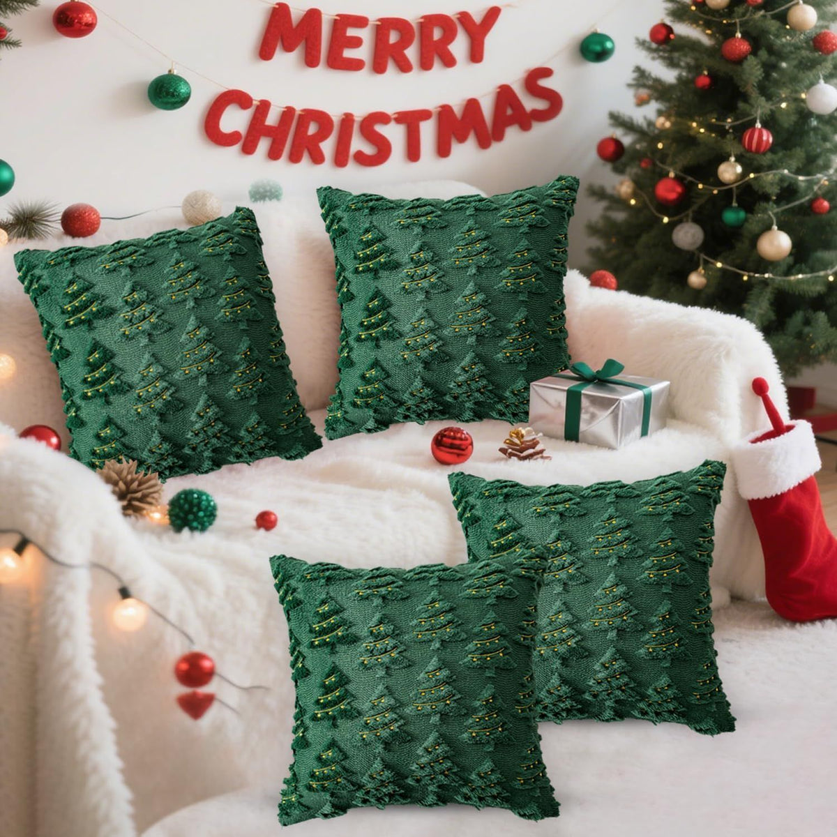 4 Pcs Christmas Throw Pillow Covers 18x18, Soft Faux Fur Pillow Cases Holiday Decorations, Fluffy Plush Accent Couch Cushion Case for Festivals Winter Sofa Living Room Home Decor(Green Tree)