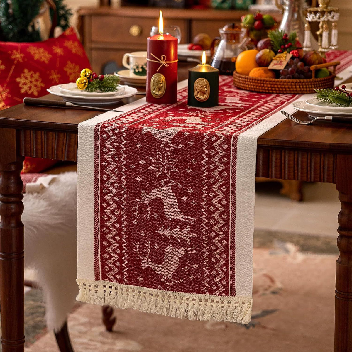 Table Runners 107 Inches,Elk Table Runner with Tassel Fringe,Christmas Table Runner for Party，Coffee Table, Festival