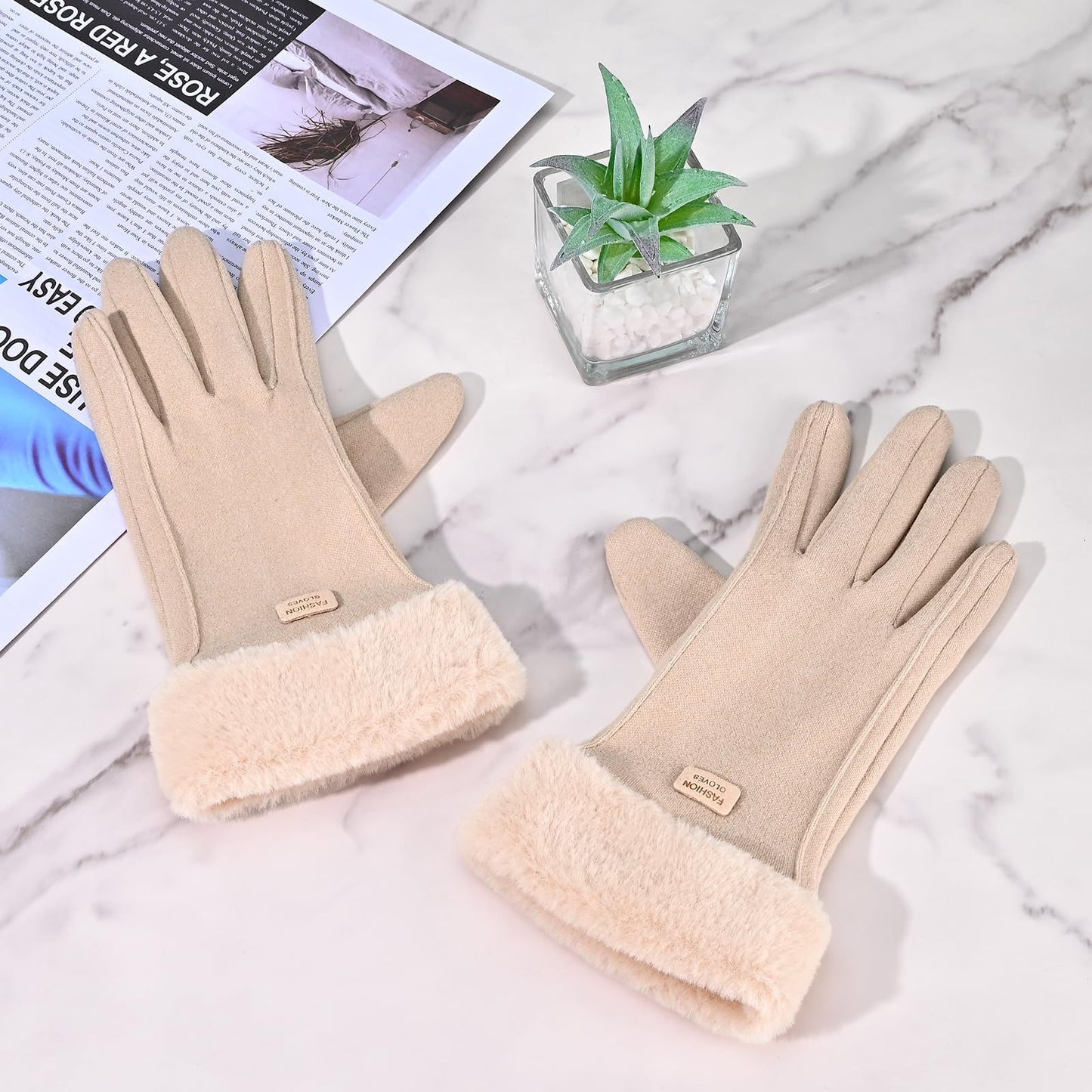 Gloves for Women Girl, Winter Touch Screen, Comfortable and Warm Double-Sided Velvet Lining Thickened Warm Glove,Khaki