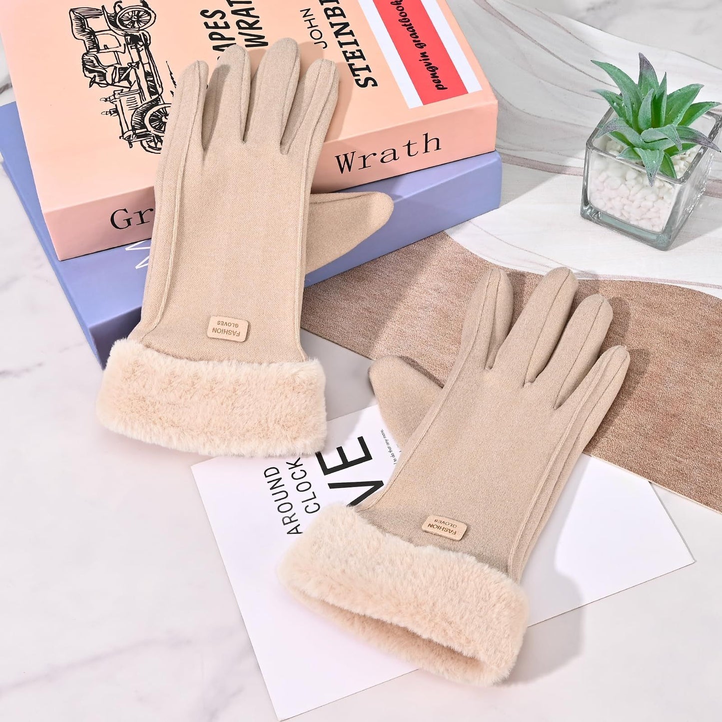 Gloves for Women Girl, Winter Touch Screen, Comfortable and Warm Double-Sided Velvet Lining Thickened Warm Glove,Khaki