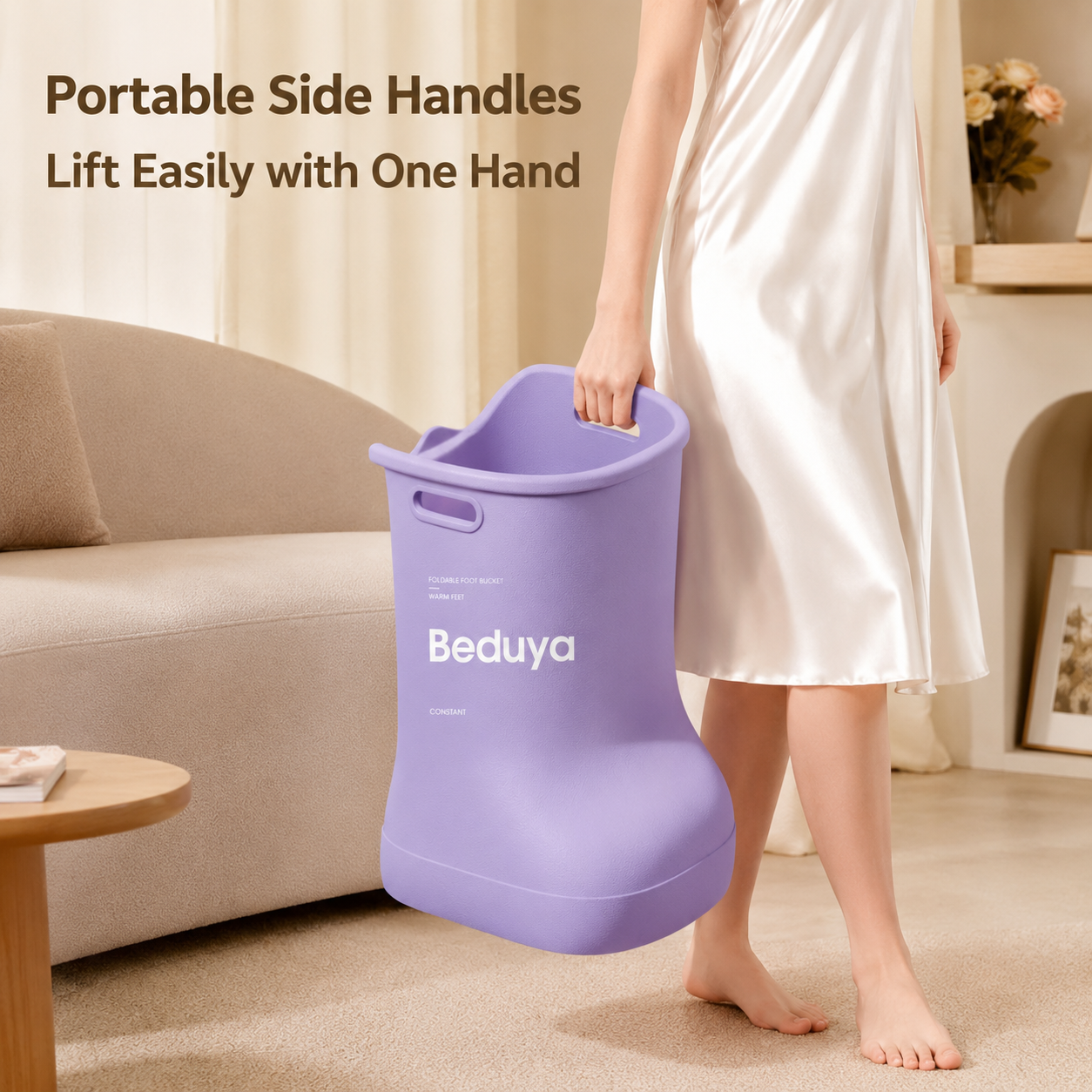 EVA Foot Soaking Bucket with Massage Bottom, Deep Calf Foot Bath Tub for Home Spa, Insulated Warm Foot Soak Basin with Handles, Lightweight Portable Foot Spa Bucket for Adults (Khaki Beige)