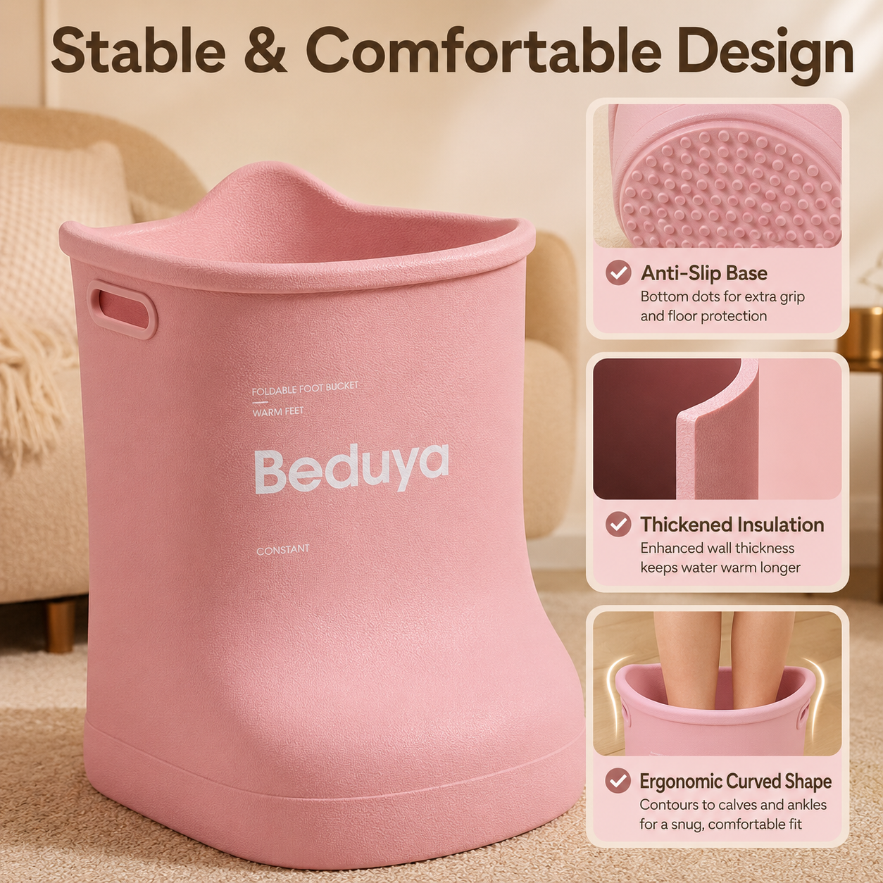 EVA Foot Soaking Bucket with Massage Bottom, Deep Calf Foot Bath Tub for Home Spa, Insulated Warm Foot Soak Basin with Handles, Lightweight Portable Foot Spa Bucket for Adults (Khaki Beige)