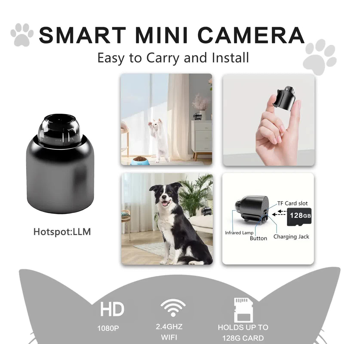 3pcs Mini Wireless Surveillance Camera with 2.4G WiFi, HD 1080P, Supports 32GB Cards, Night Vision, Audio, USB Power, Remote View, Wide-angle, Easy To Carry, for Home, Pet, Bedroom, Black Fridays.（Optional monitoring card set）