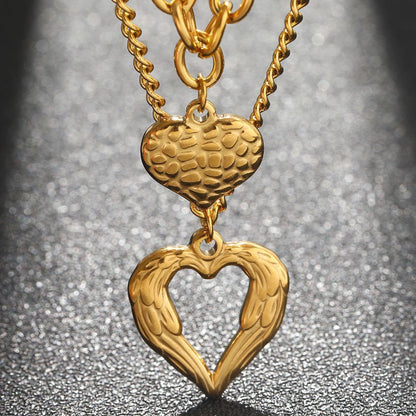 Gold Stainless Steel Angel Wing Heart Pendant Necklace 2-Pack C7247