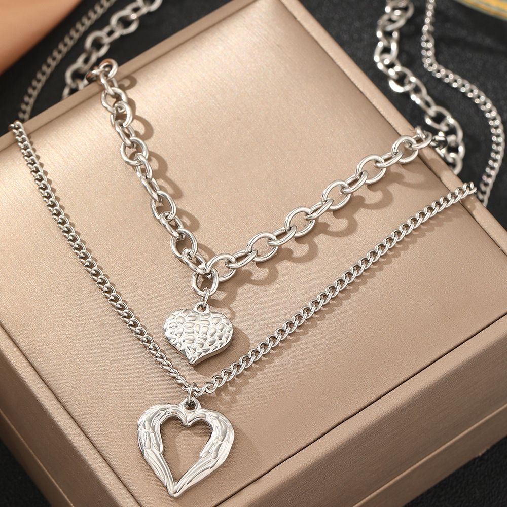 Silver Stainless Steel Angel Wing Heart Pendant Necklace 2-Pack C7248