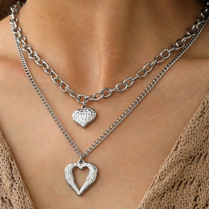 Silver Stainless Steel Angel Wing Heart Pendant Necklace 2-Pack C7248