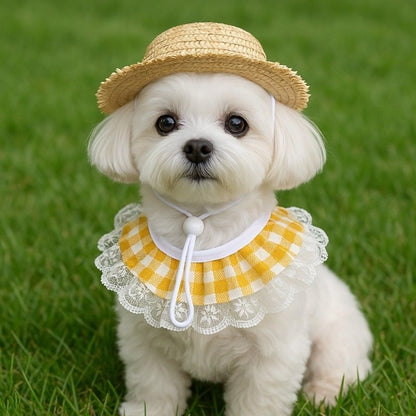 Straw Hat And Yellow Lace Bib