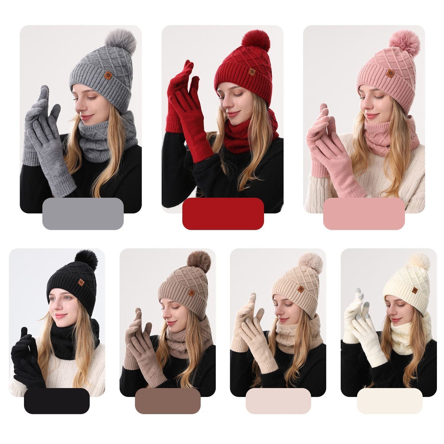 Women Gray Argyle 3-Piece Set-Hat Scarf and Gloves