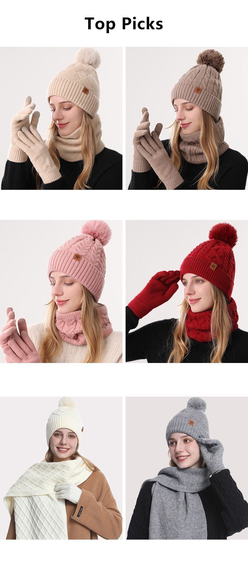 Women Milky-White Argyle 3-Piece Set-Hat Scarf and Gloves
