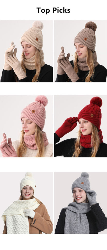 Women Milky-White Argyle 3-Piece Set-Hat Scarf and Gloves