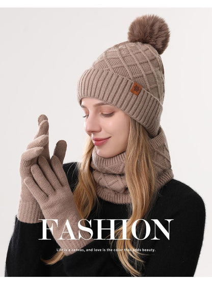 Women Milky-White Argyle 3-Piece Set-Hat Scarf and Gloves