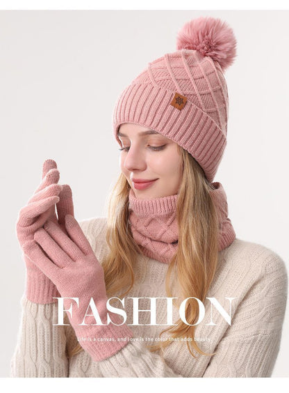 Women Milky-White Argyle 3-Piece Set-Hat Scarf and Gloves