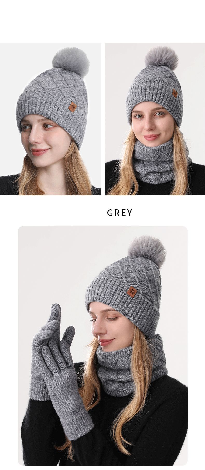 Women Milky-White Argyle 3-Piece Set-Hat Scarf and Gloves