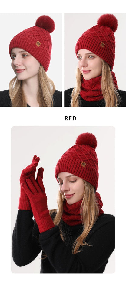 Women Red Argyle 3-Piece Set-Hat Scarf and Gloves
