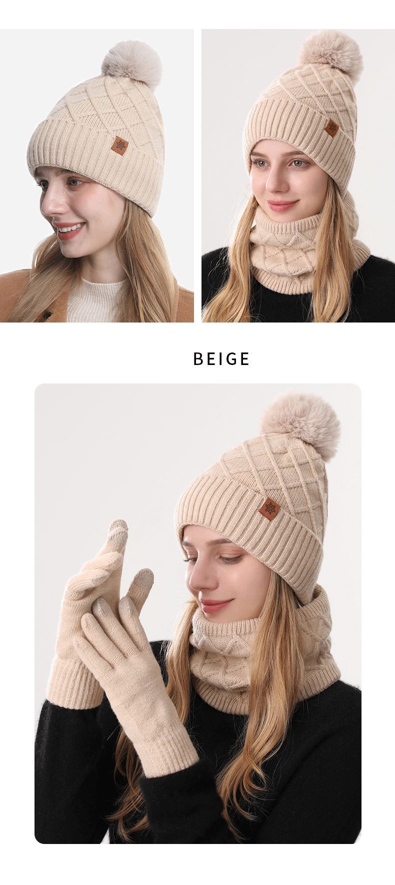 Women Red Argyle 3-Piece Set-Hat Scarf and Gloves
