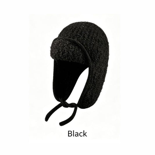 Women Sherpa Aviator Beanie - Warm Earflap Knit Hat Black