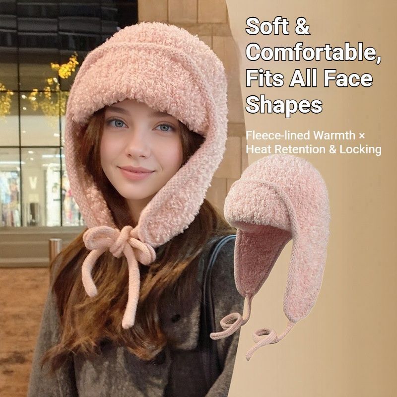 Women Sherpa Aviator Beanie - Warm Earflap Knit Hat Red