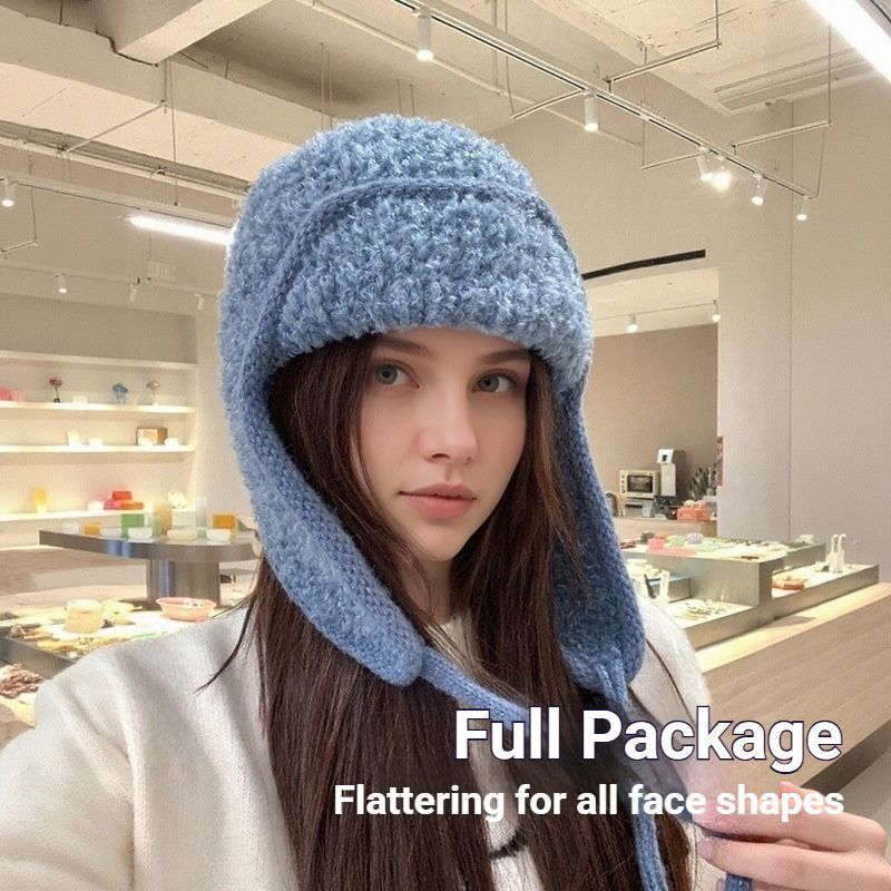 Women Sherpa Aviator Beanie - Warm Earflap Knit Hat White
