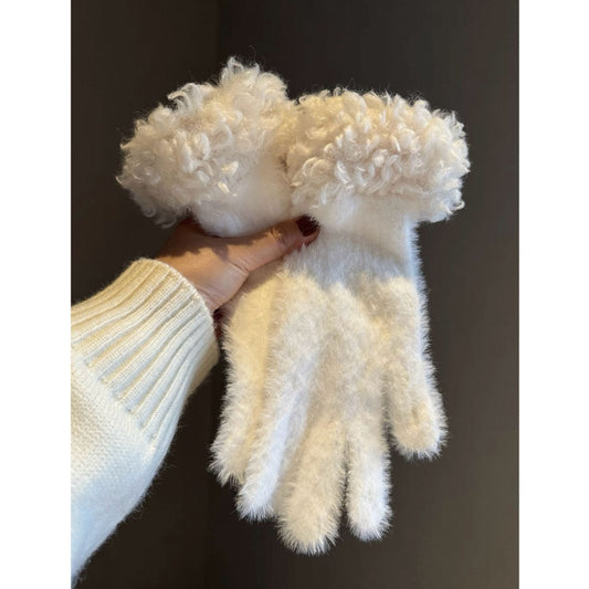 Women Winter Faux Mink Spliced Five-Finger Gloves Beige