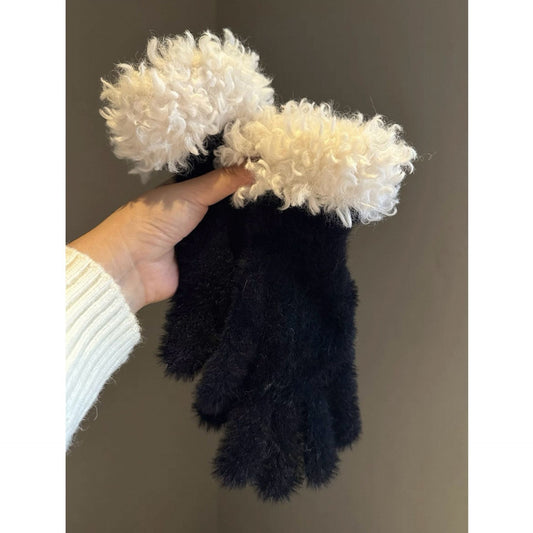 Women Winter Faux Mink Spliced Five-Finger Gloves Black