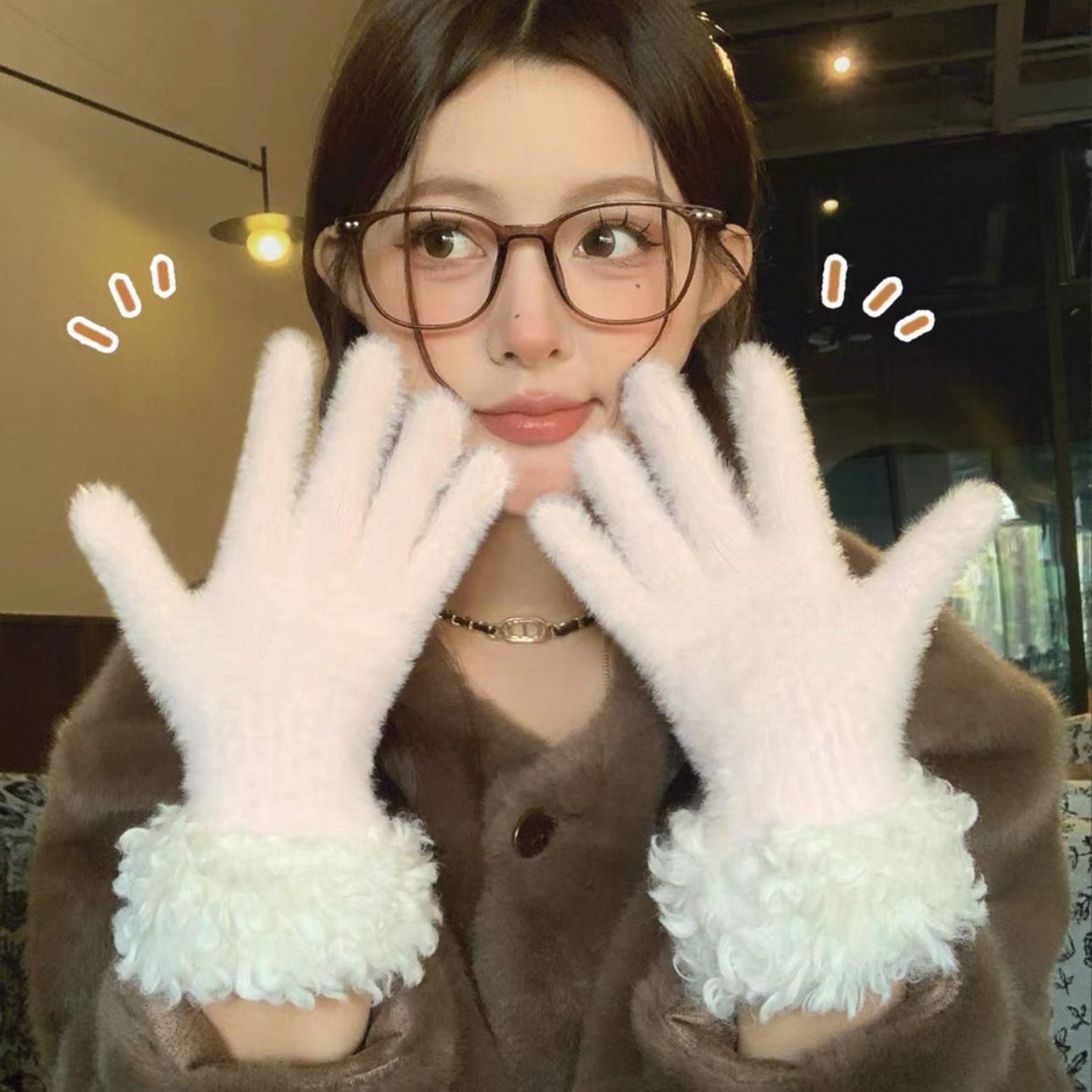 Women Winter Faux Mink Spliced Five-Finger Gloves Black