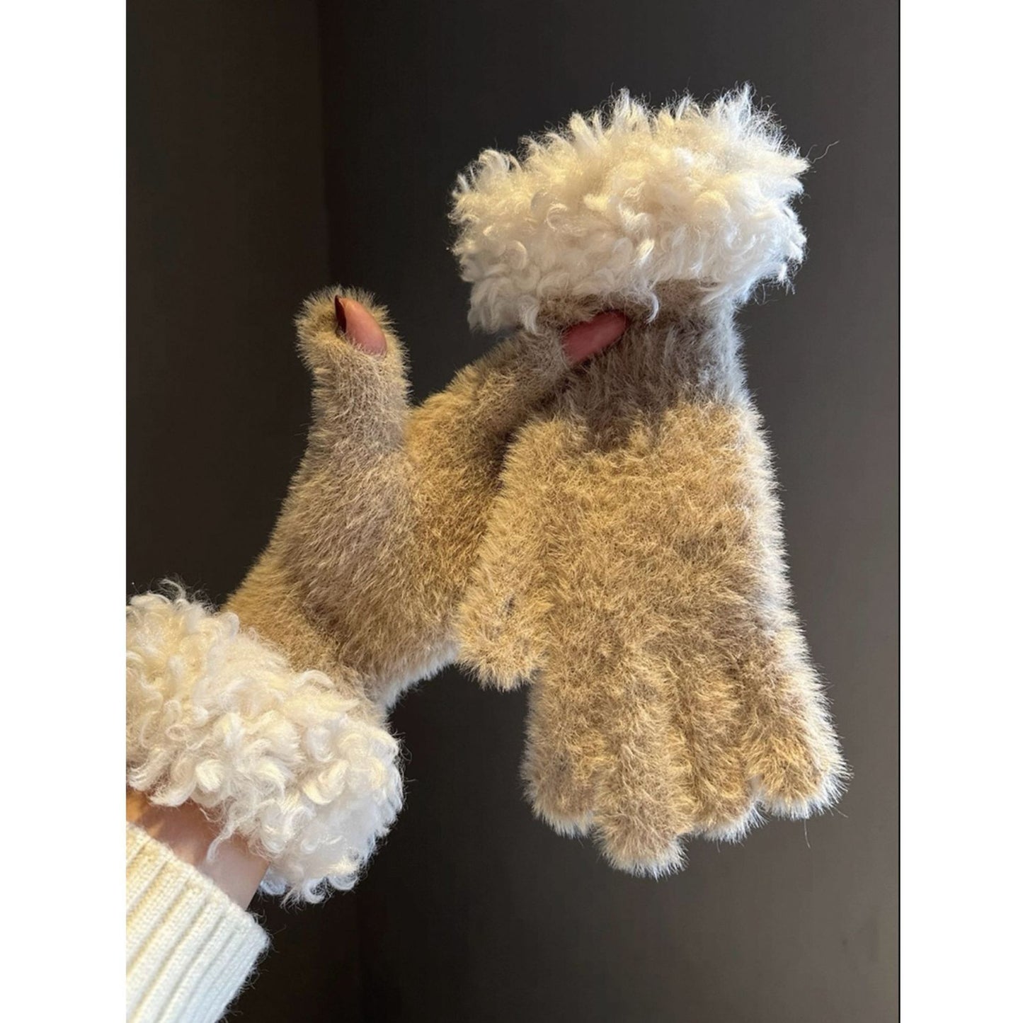 Women Winter Faux Mink Spliced Five-Finger Gloves Blue