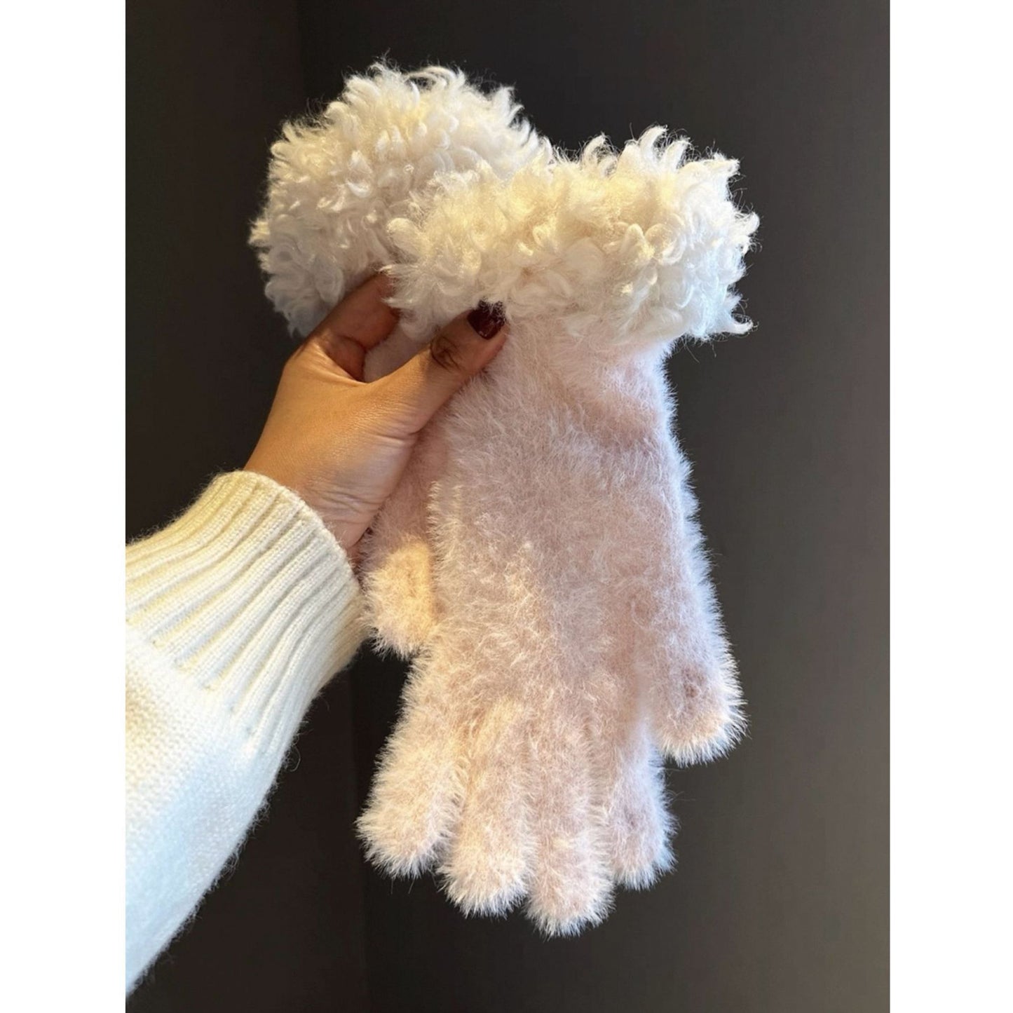 Women Winter Faux Mink Spliced Five-Finger Gloves Khaki