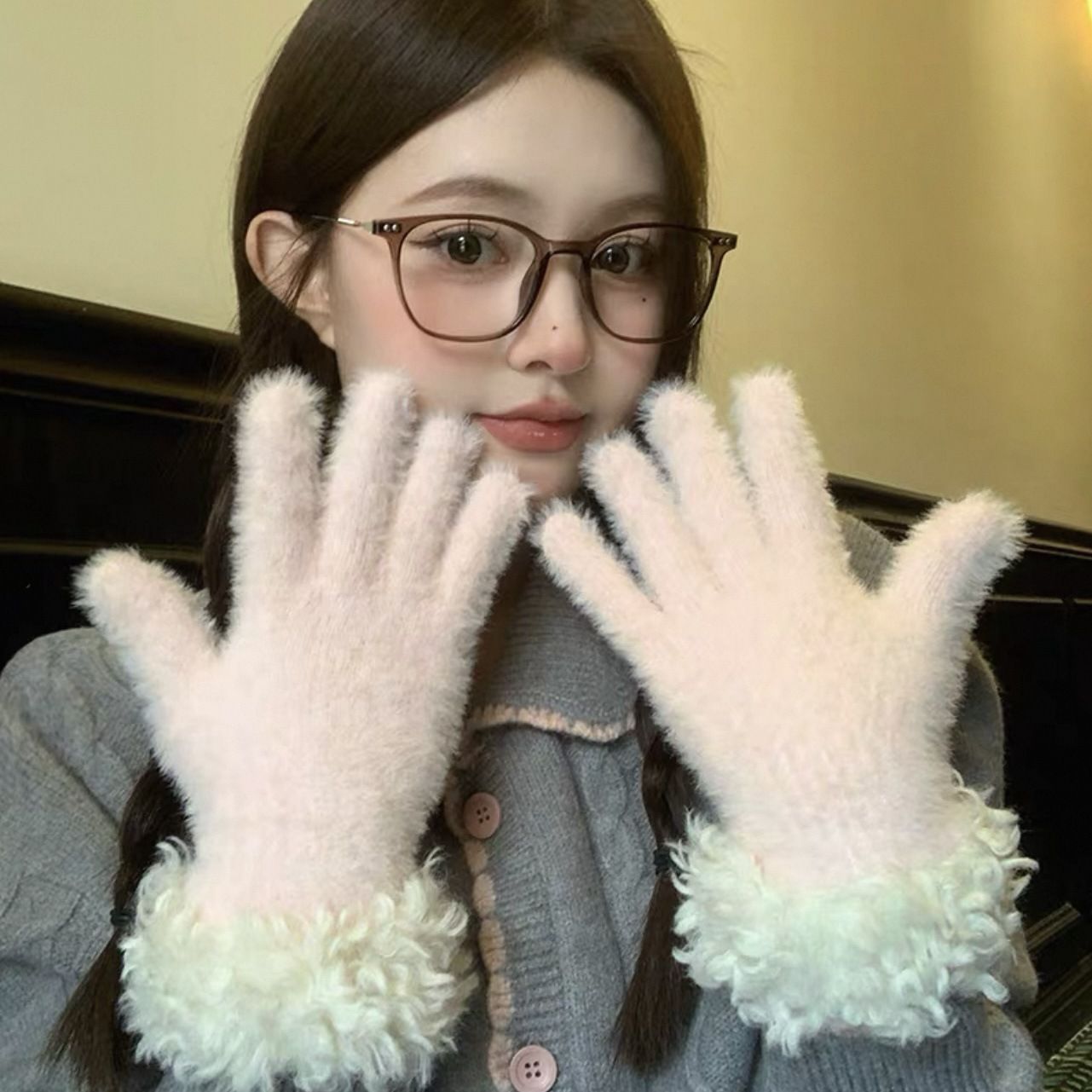 Women Winter Faux Mink Spliced Five-Finger Gloves Red
