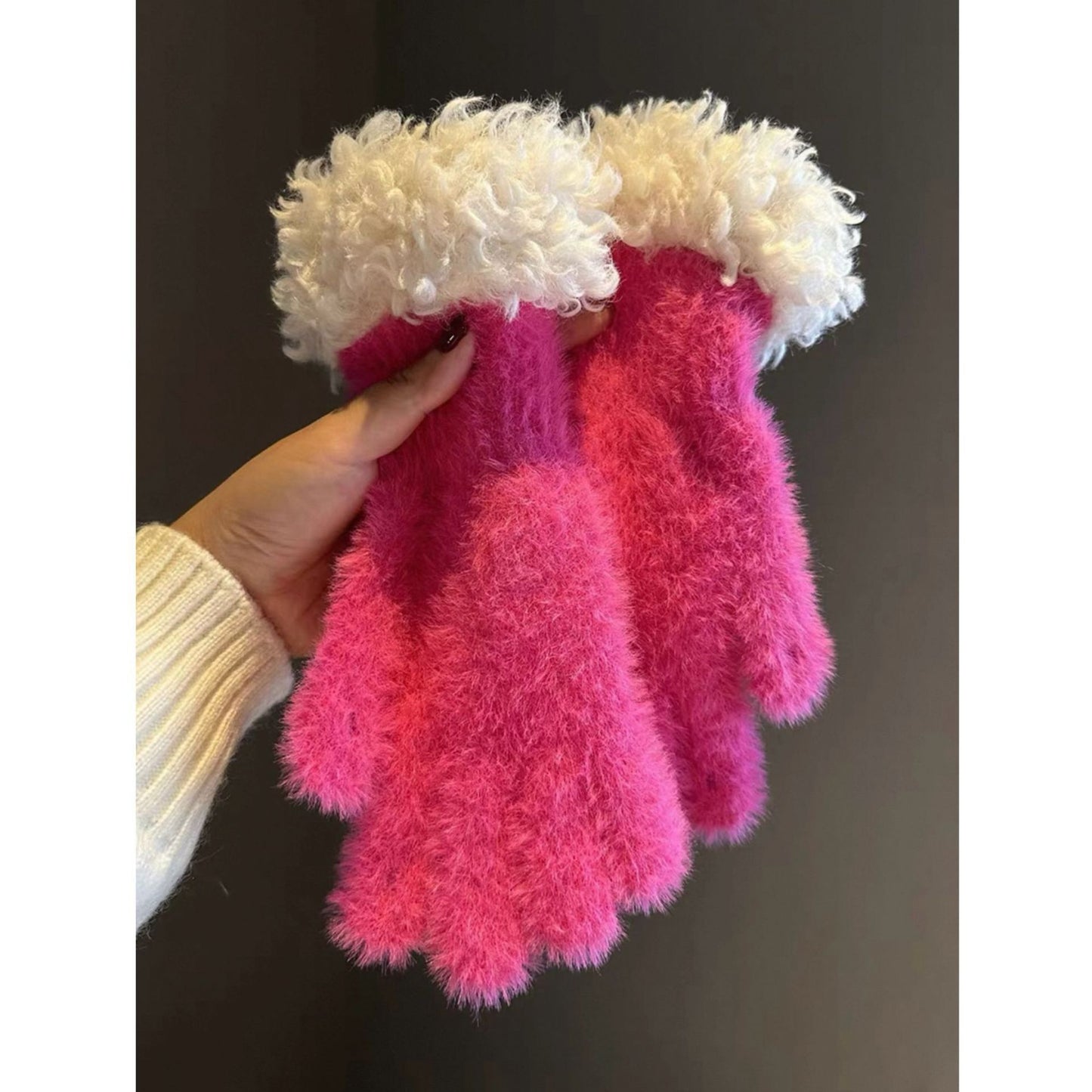 Women Winter Faux Mink Spliced Five-Finger Gloves Red