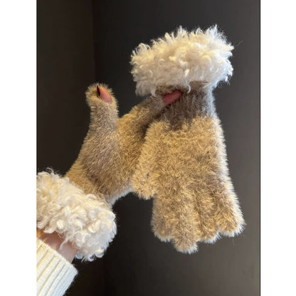 Women Winter Faux Mink Spliced Five-Finger Gloves Red