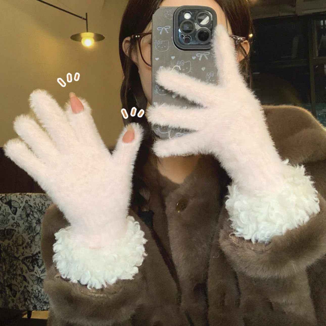 Women Winter Faux Mink Spliced Five-Finger Gloves Yellow