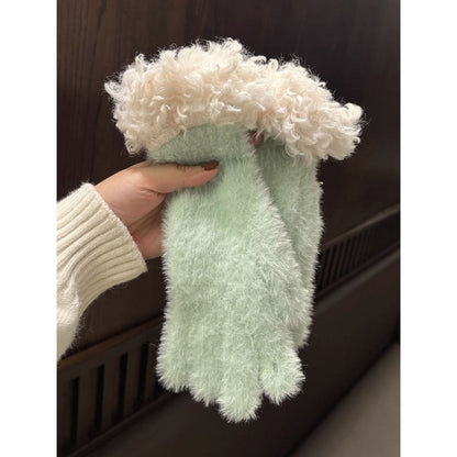 Women Winter Faux Mink Spliced Five-Finger Gloves Yellow