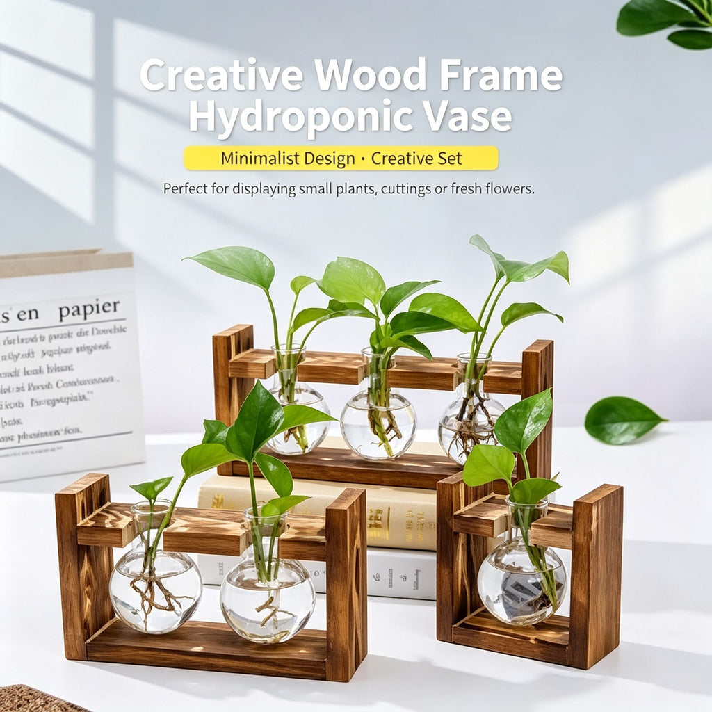 Triple Round Glass Vases with Snap-Fit Wooden Stand | Christmas Lush Layered Gift | 3-Piece Hydroponic Glass Planter Set Desktop Plant Display