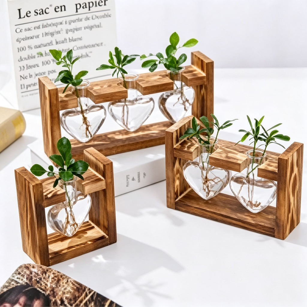 Triple Round Glass Vases with Snap-Fit Wooden Stand | Christmas Lush Layered Gift | 3-Piece Hydroponic Glass Planter Set Desktop Plant Display