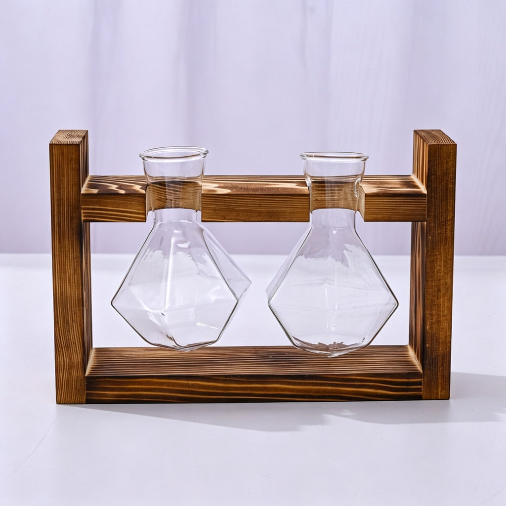 Double Diamond Faceted Glass Vases with Snap-Fit Wooden Stand | Christmas Chic Texture Gift | Paired Faceted Hydroponic Planter Stylish Desktop Decor