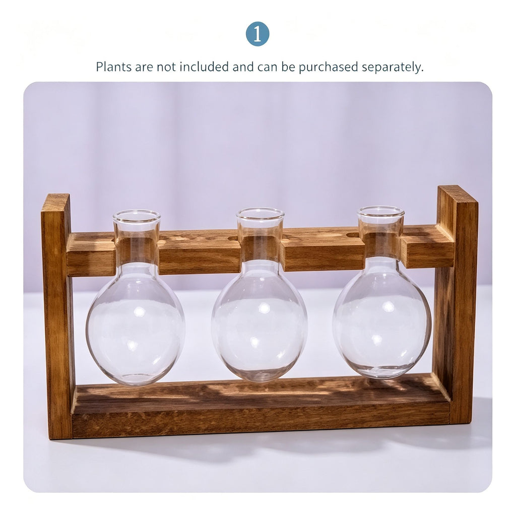 Double Diamond Faceted Glass Vases with Snap-Fit Wooden Stand | Christmas Chic Texture Gift | Paired Faceted Hydroponic Planter Stylish Desktop Decor