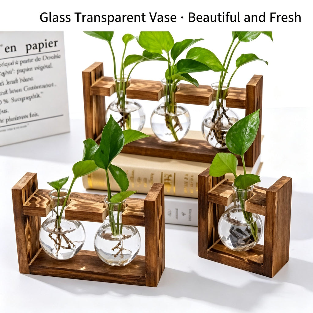 Double Diamond Faceted Glass Vases with Snap-Fit Wooden Stand | Christmas Chic Texture Gift | Paired Faceted Hydroponic Planter Stylish Desktop Decor