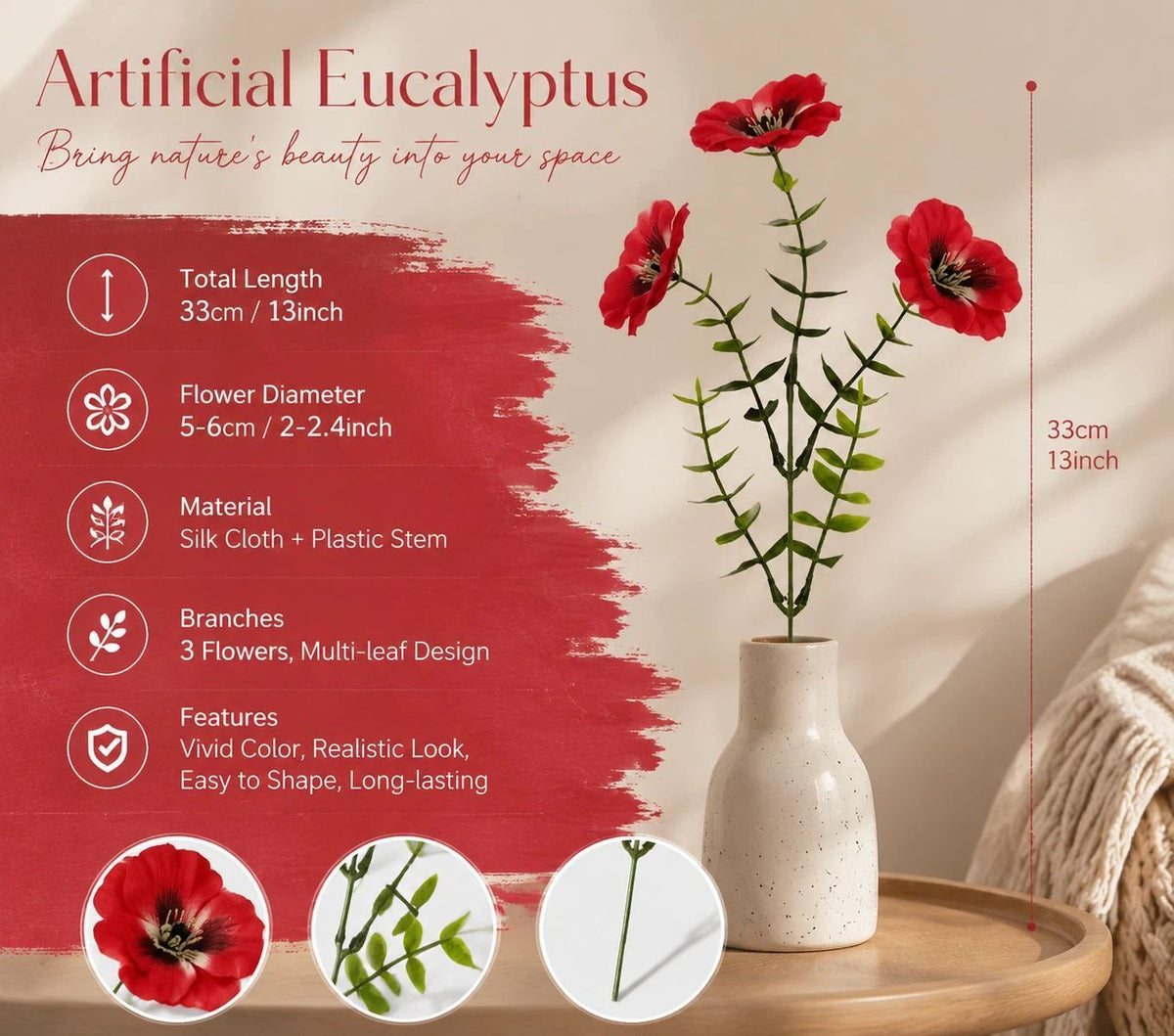 White & Red Mixed Faux Eucalyptus Pansy Stems Table Decor Set of 10