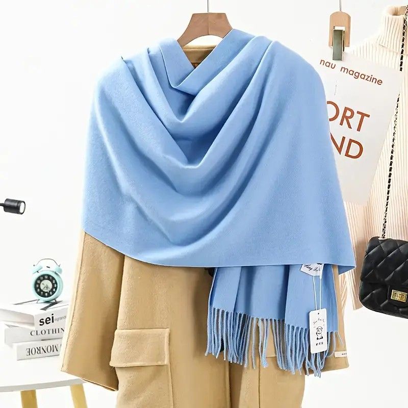 Solid Color Cashmere Wrap Scarf, Thickened for Warmth and Windproof, Bohemian-Style Winter Wardrobe Essential(sky blue)