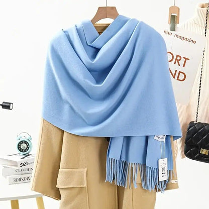Solid Color Cashmere Wrap Scarf, Thickened for Warmth and Windproof, Bohemian-Style Winter Wardrobe Essential(sky blue)